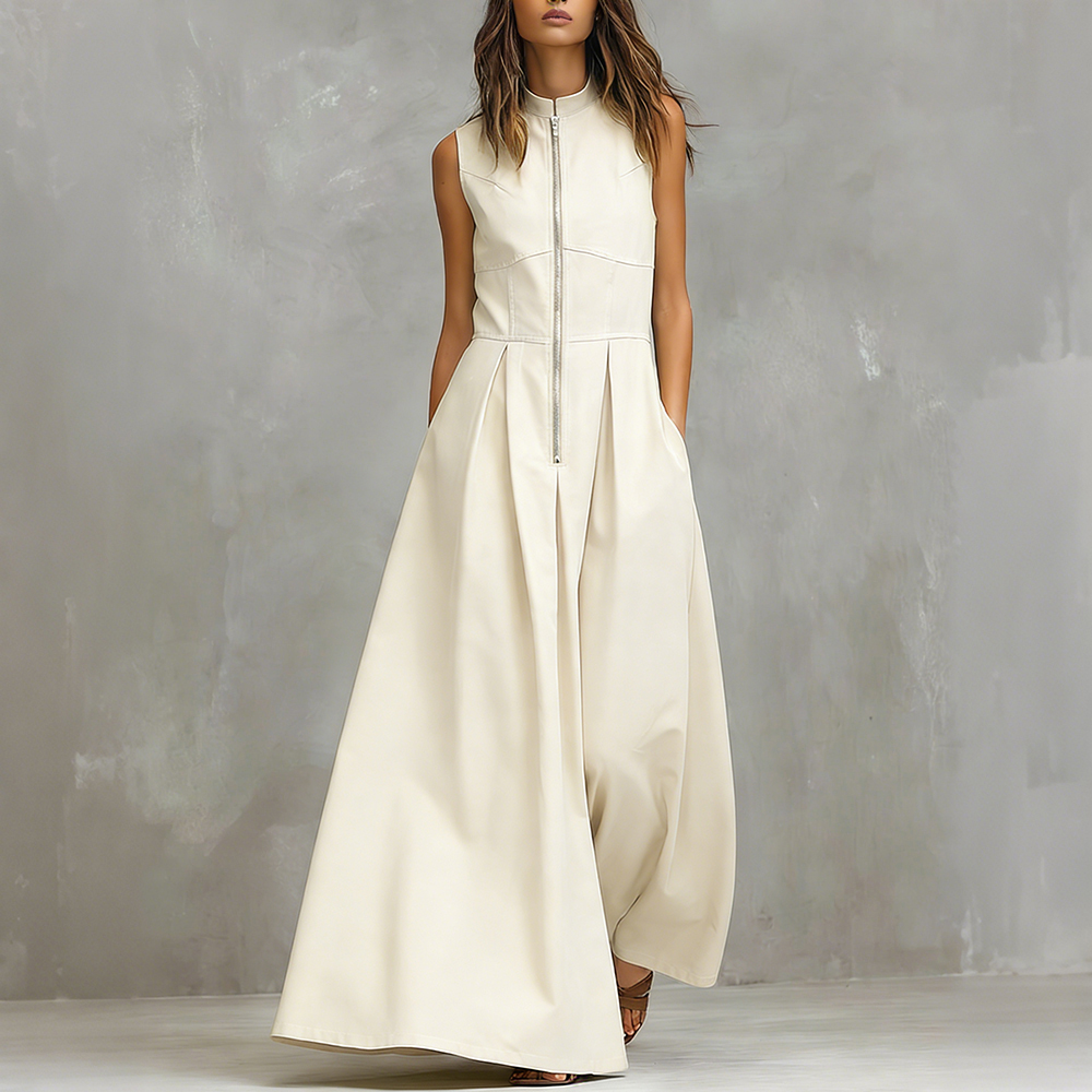 Vintage Round Neck Zip-up Comfy Maxi Dress