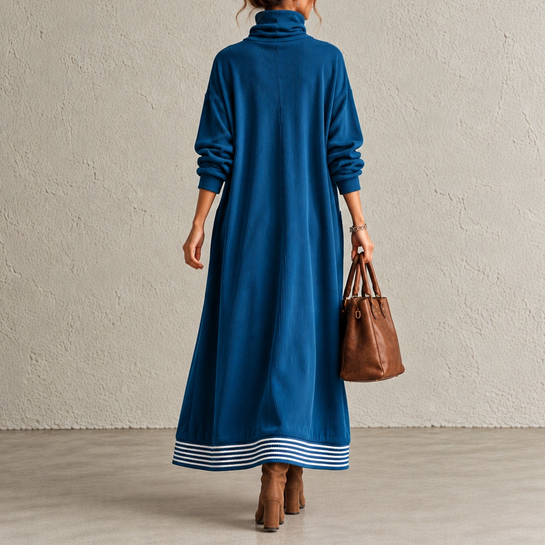 Stand Collar Loose Long-sleeve Maxi Dress