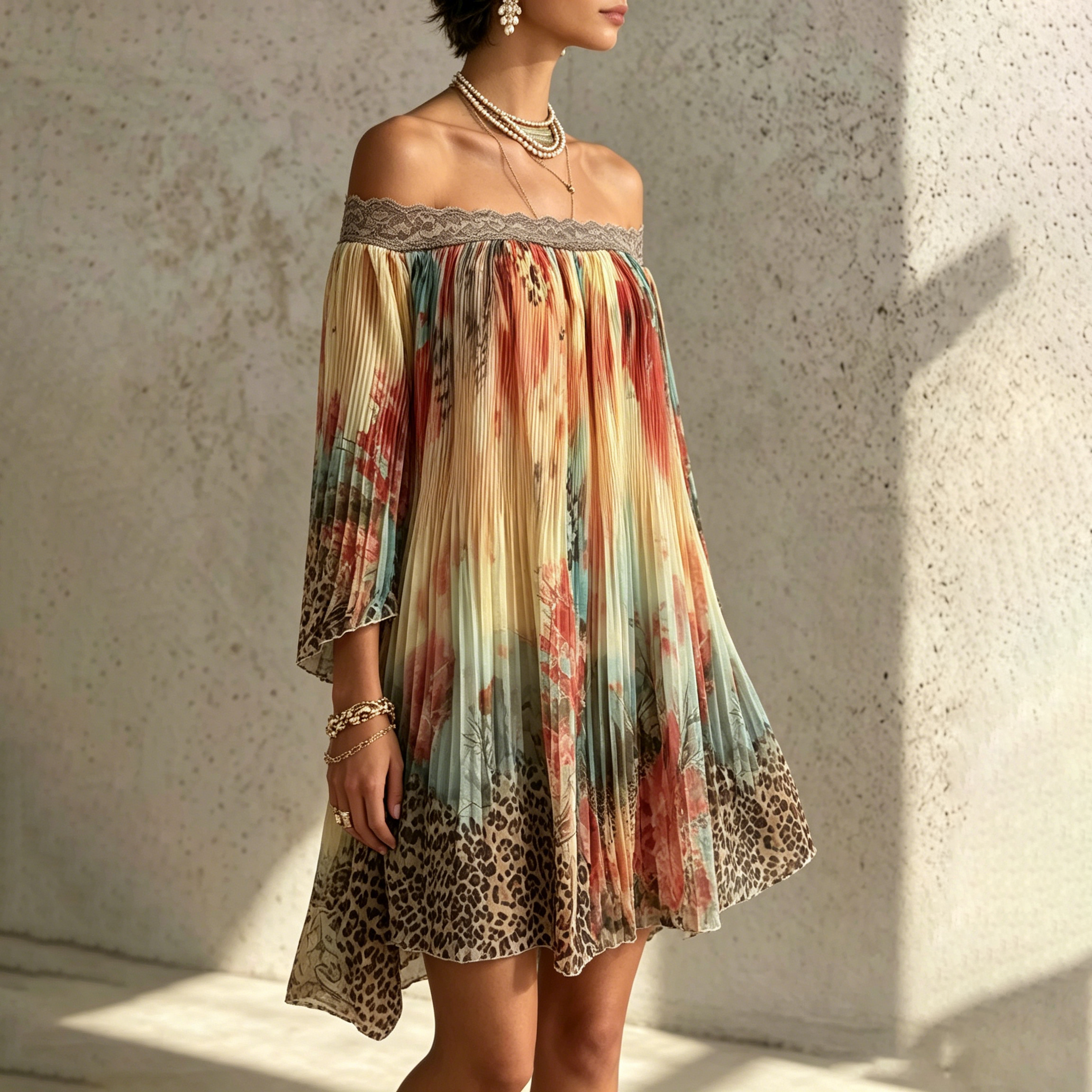 Retro Floral Bell Sleeve Print Ruffle Off-the-shoulder Lace Mini Dress