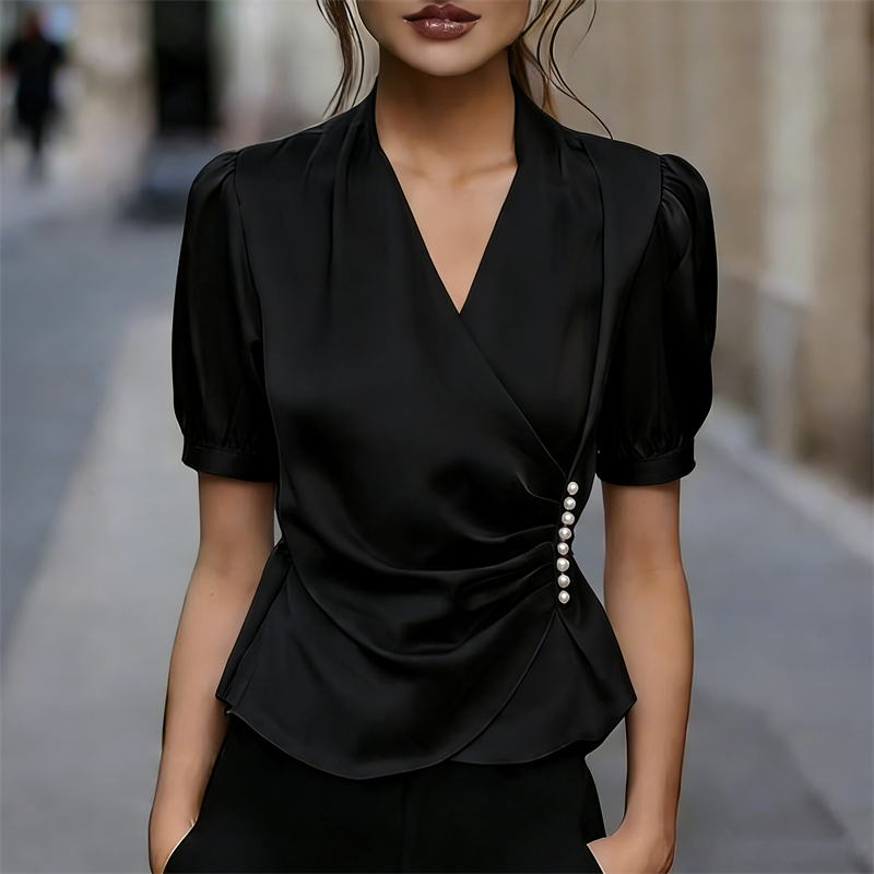 Classy Pearls Wrap Pleated Satin Shirt