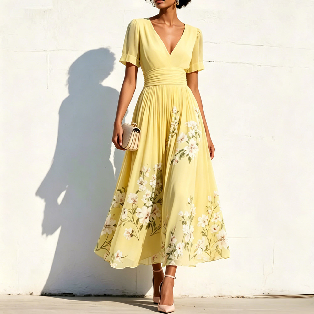 Elegant Floral Print V-neck Short Sleeves Pleated Dress
