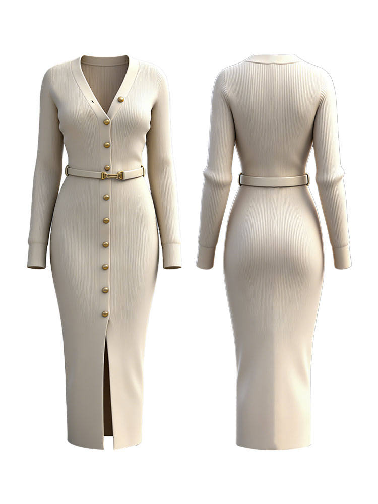 Elegant Buttoned V Neck Cozy Knit Maxi Dress