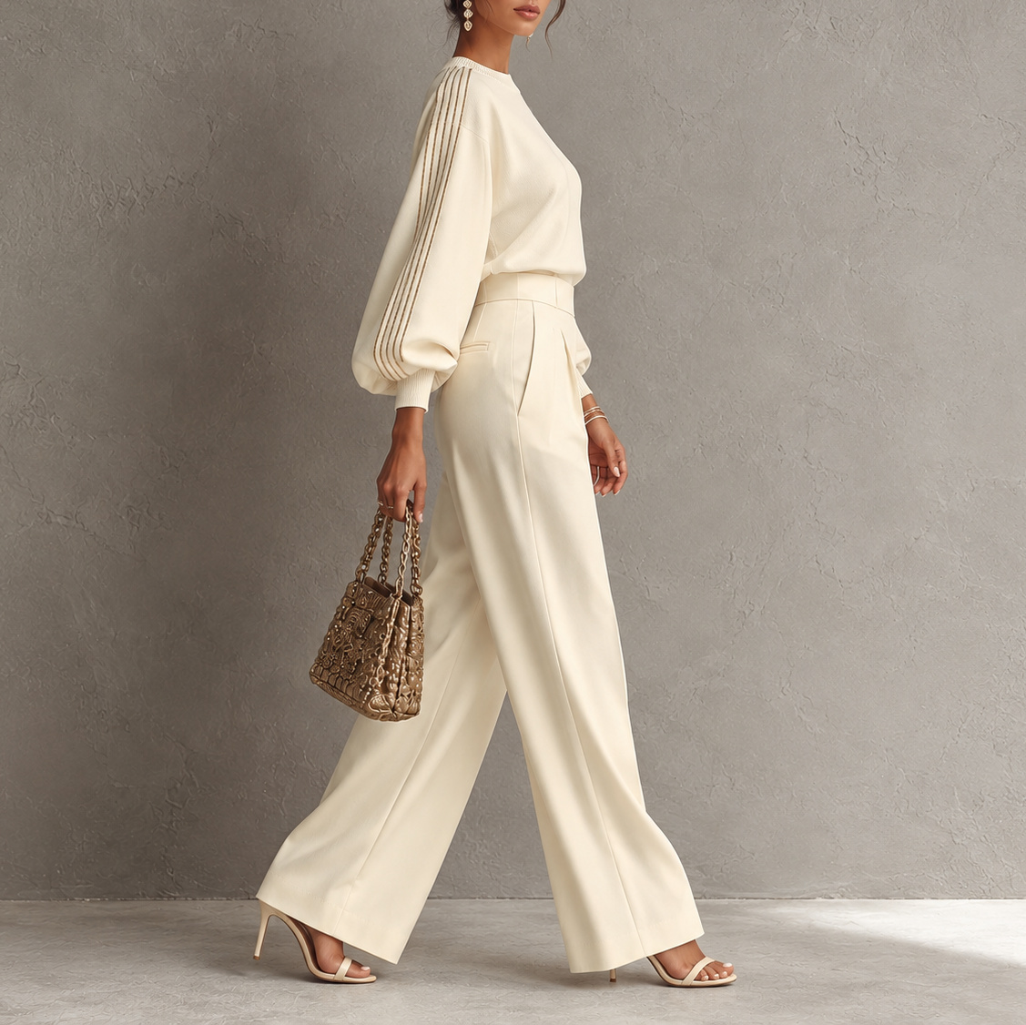 Elegance Long-sleeve Crew-neck Sweatshirt And Loose Wide-leg Pants Set