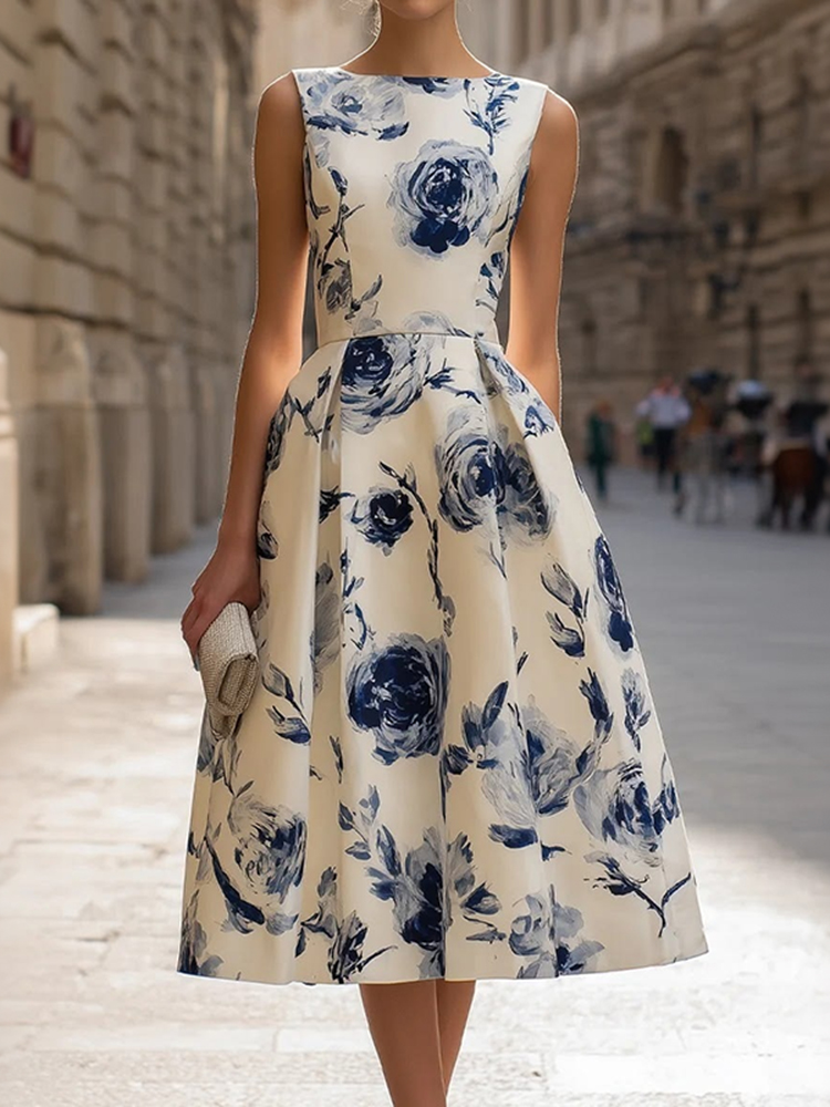 Elegant Rose Print Sleeveless Slim Dress