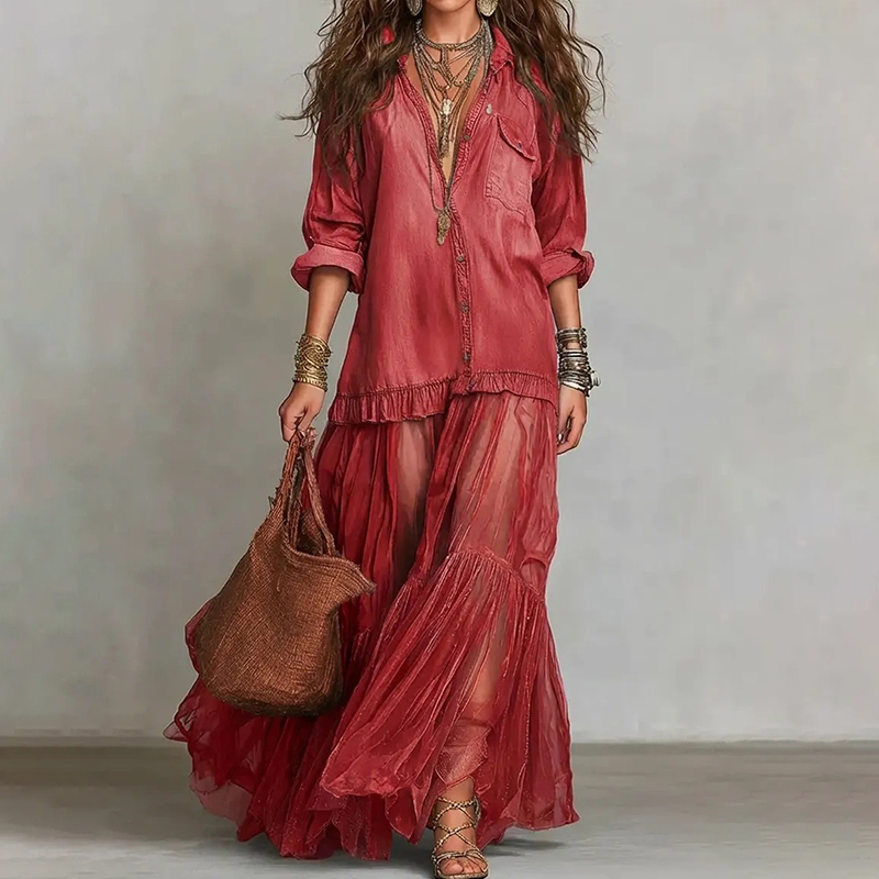 Retro Lapel Denim Splicing Mesh Casual Pocket Dress