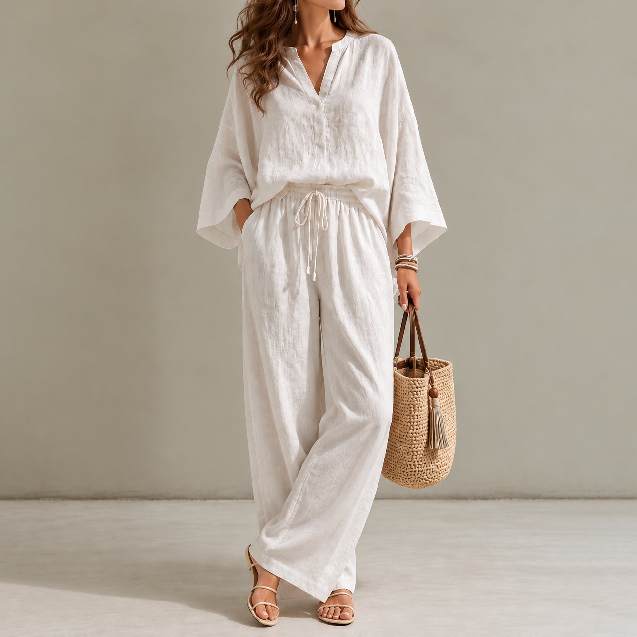 Casual  Solid-color V-neck Top And Straight-leg Pants Set