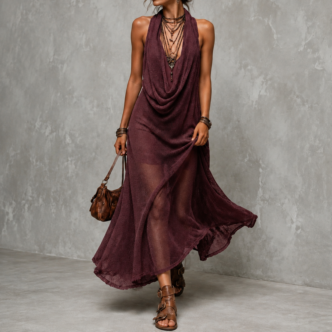 Retro Halter Neck Knit Camisole Dress Two-piece Set Maxi Dress