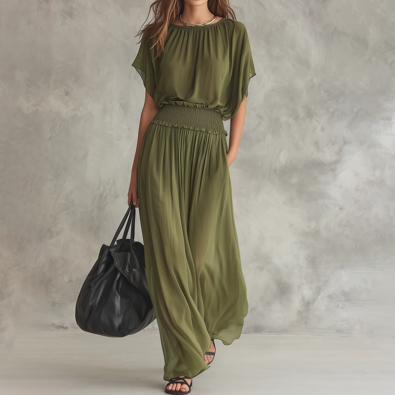 Elegant Solid Color Round Neck Short Sleeve Flowy Maxi Dress