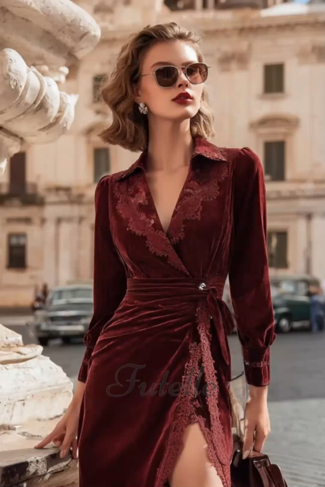 Elegant And High-end Dark Red Velvet Material V-neck Dress
