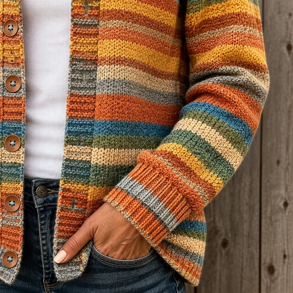 Women's Cute Black Cat Patch Colorful Stripe Relaxed Fit Button Front Knit Cardigan Sweater