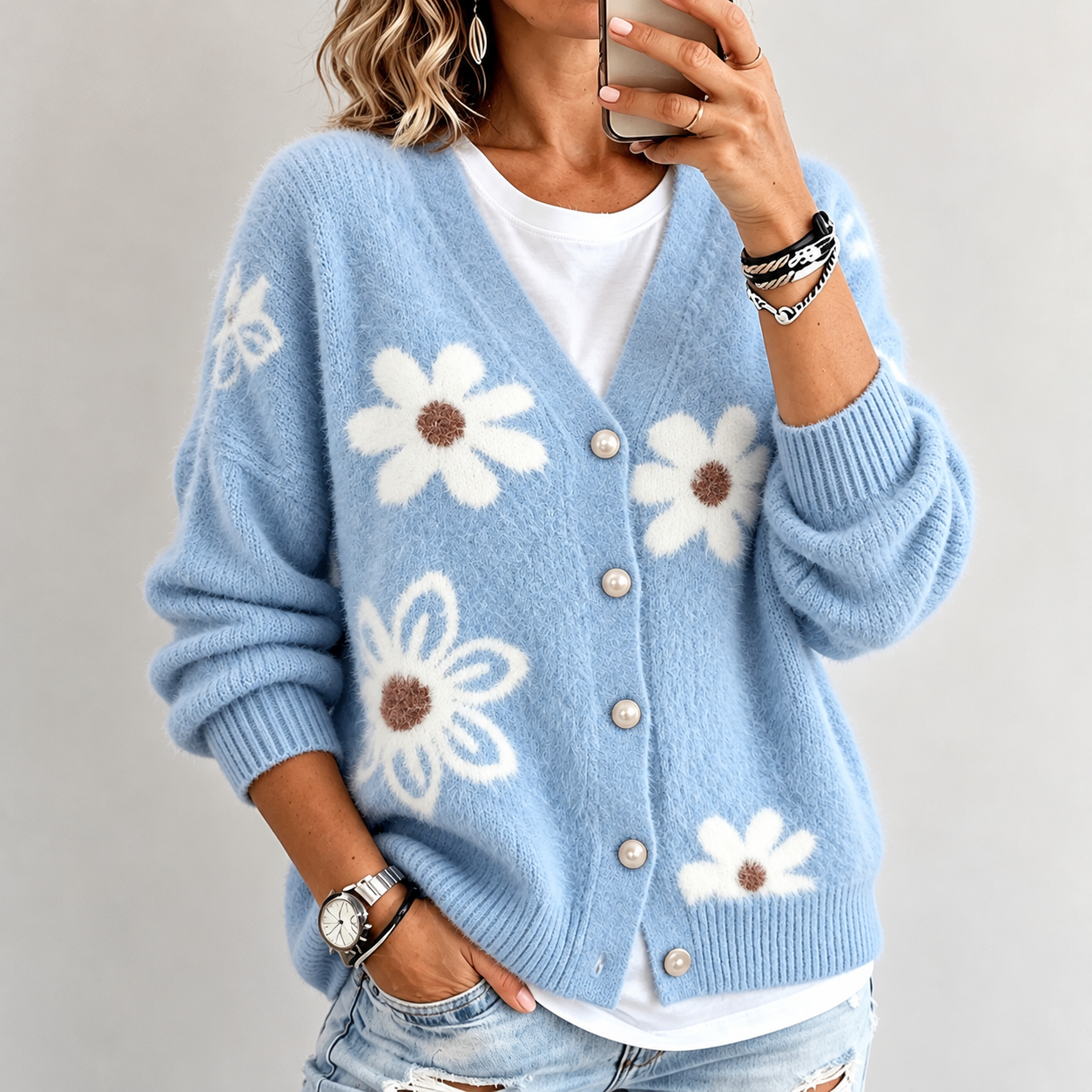 Women's Fall Winter Retro Daisy Jacquard Fluffy Knit Cardigan