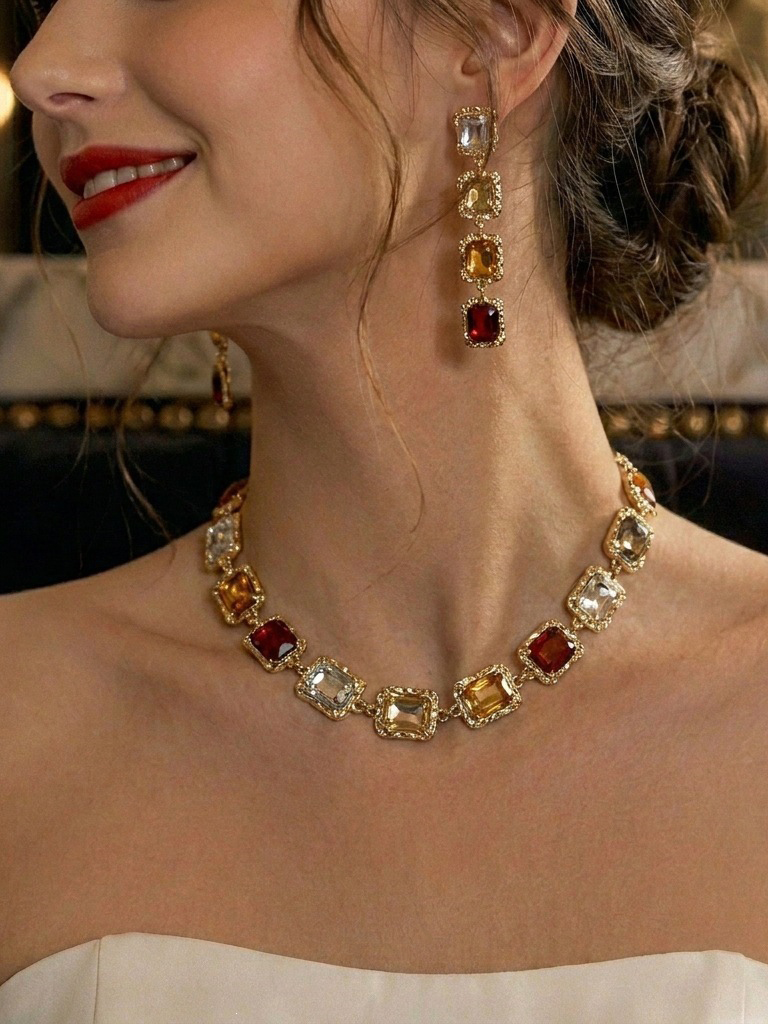 2pcs/set Elegant Square Diamond-encrusted Clavicle Necklace & Earring Party Jewelry Set