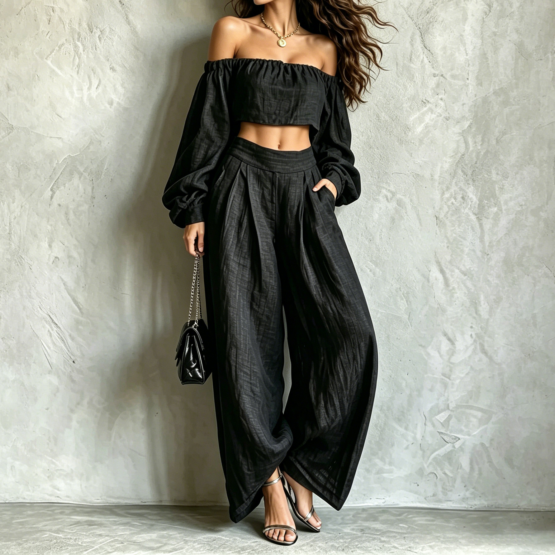 Off--shoulder T-shirt And Loose Wide-leg Pants Two-piece Set