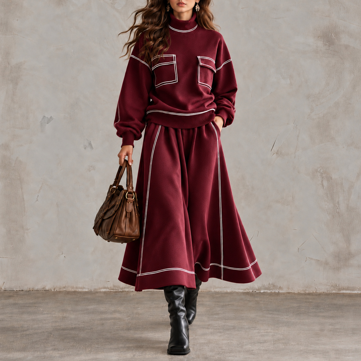 High-neck Color-block Top And Loose Wide-hem Skirt Two-piece Set
