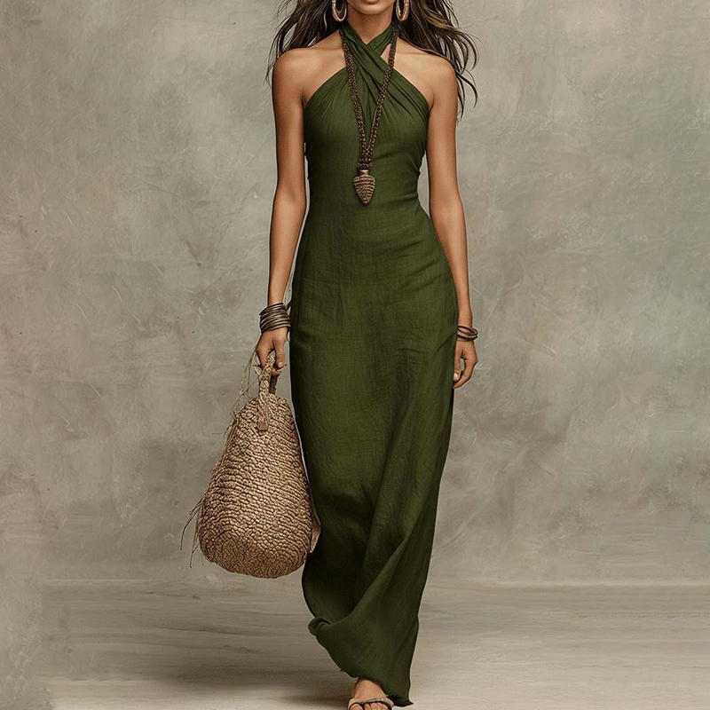 Stylish Sleeveless Halterneck Cotton Linen Dress