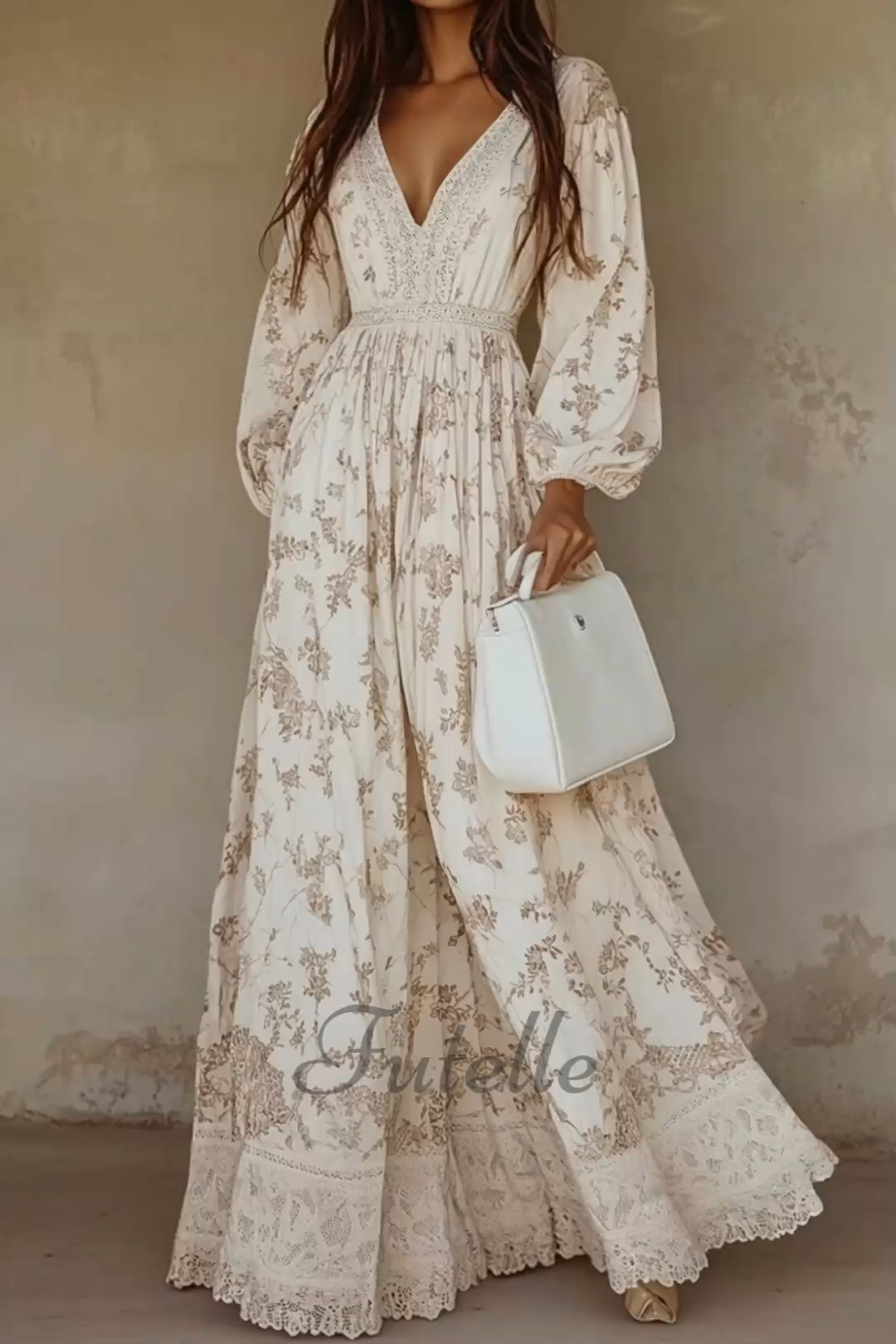 Women's Long Sleeve Printed Lace Maxi Dress