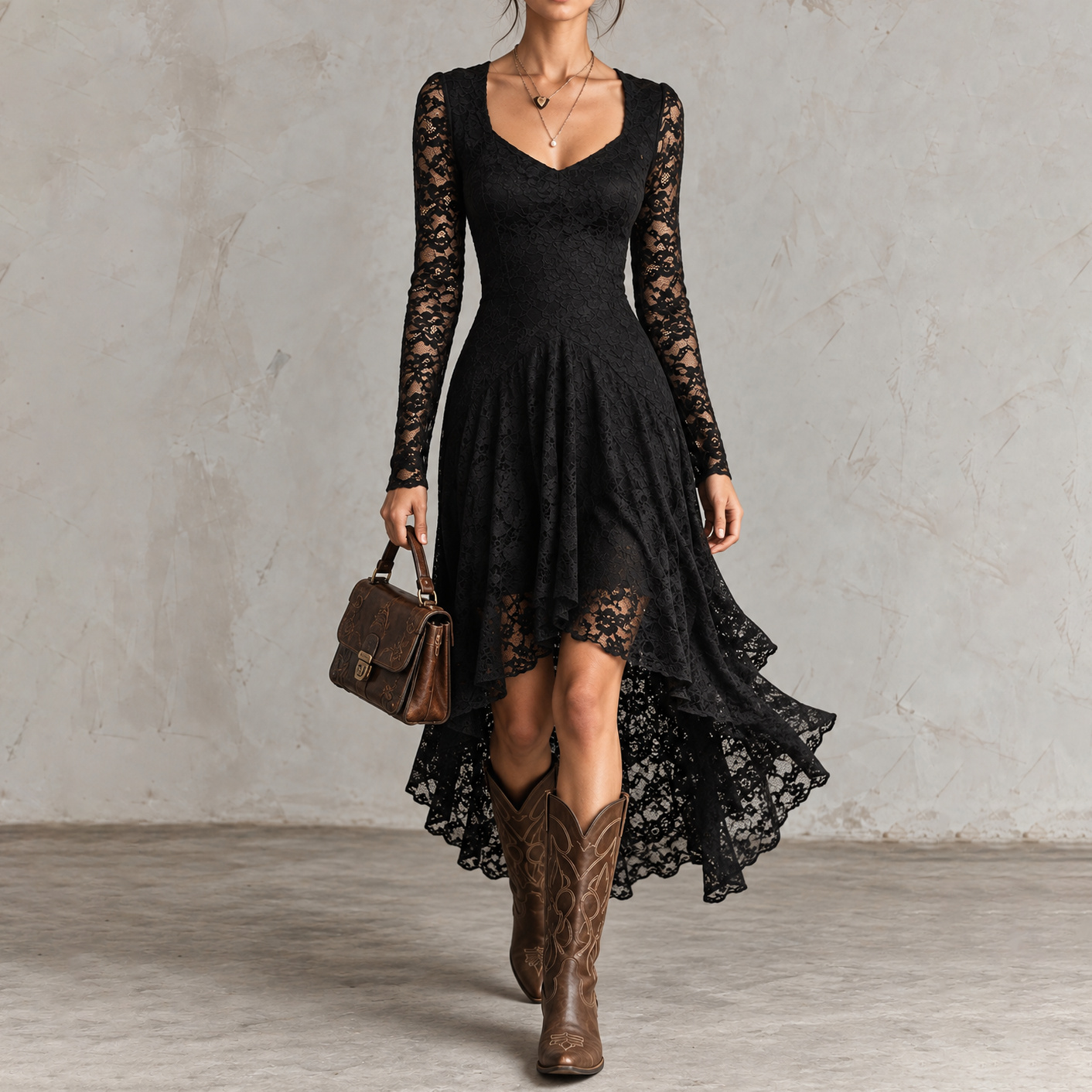 Elegant Solid-color Lace Square Neckline Maxi Dress