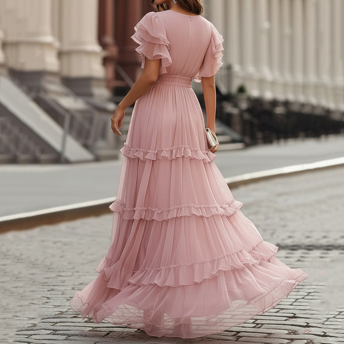 Ruffled V-neck Tiered Maxi Dress