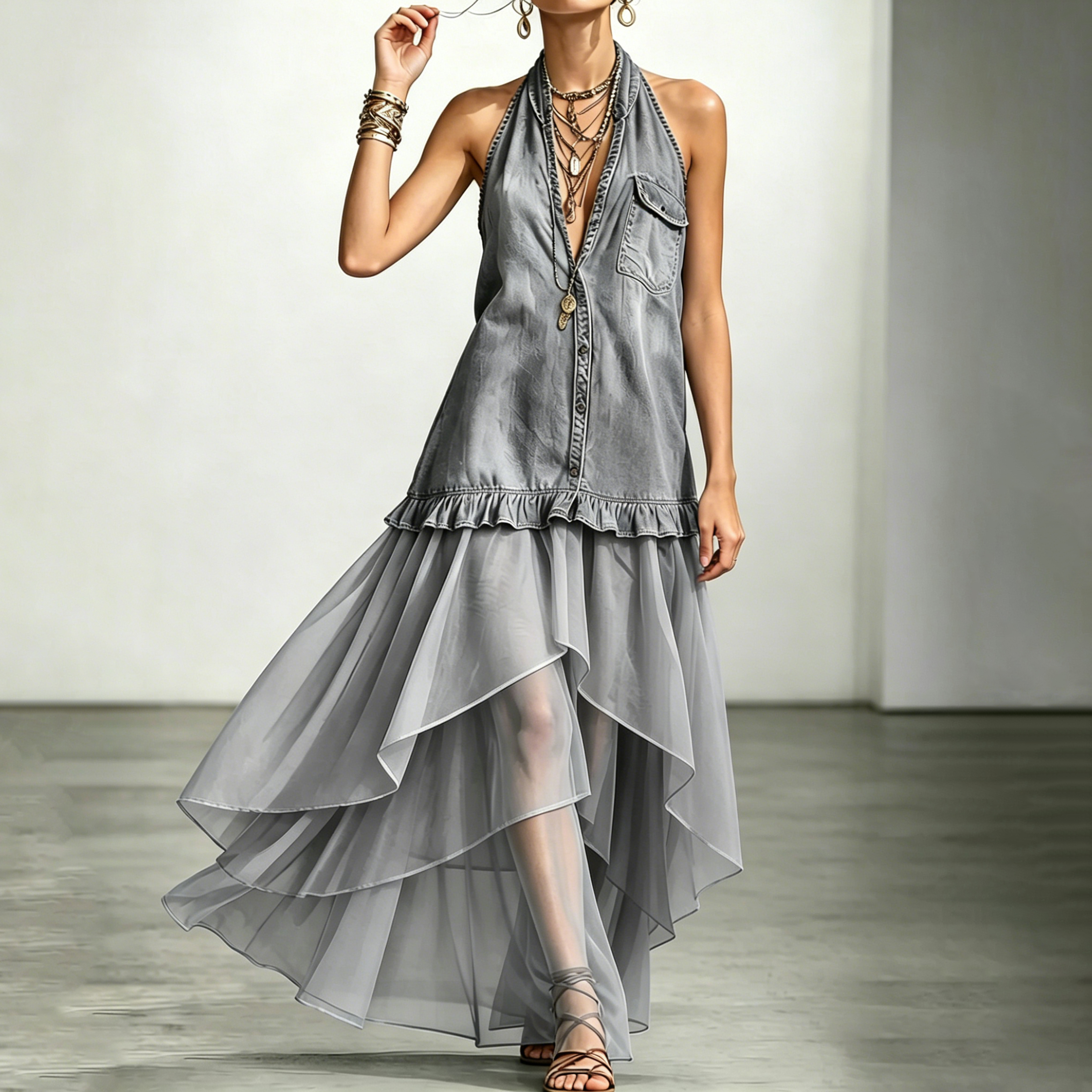 Retro Mesh Irregular Splicing Halter V-neck Maxi Dress