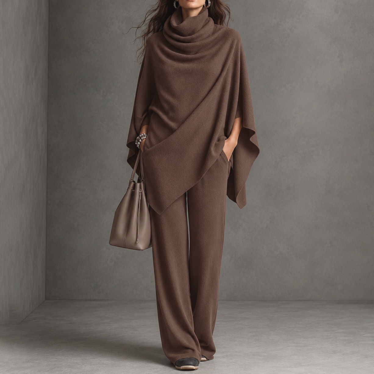 Retro Turtleneck Cape Cloak Top And Wide-leg Pants Two-piece Set