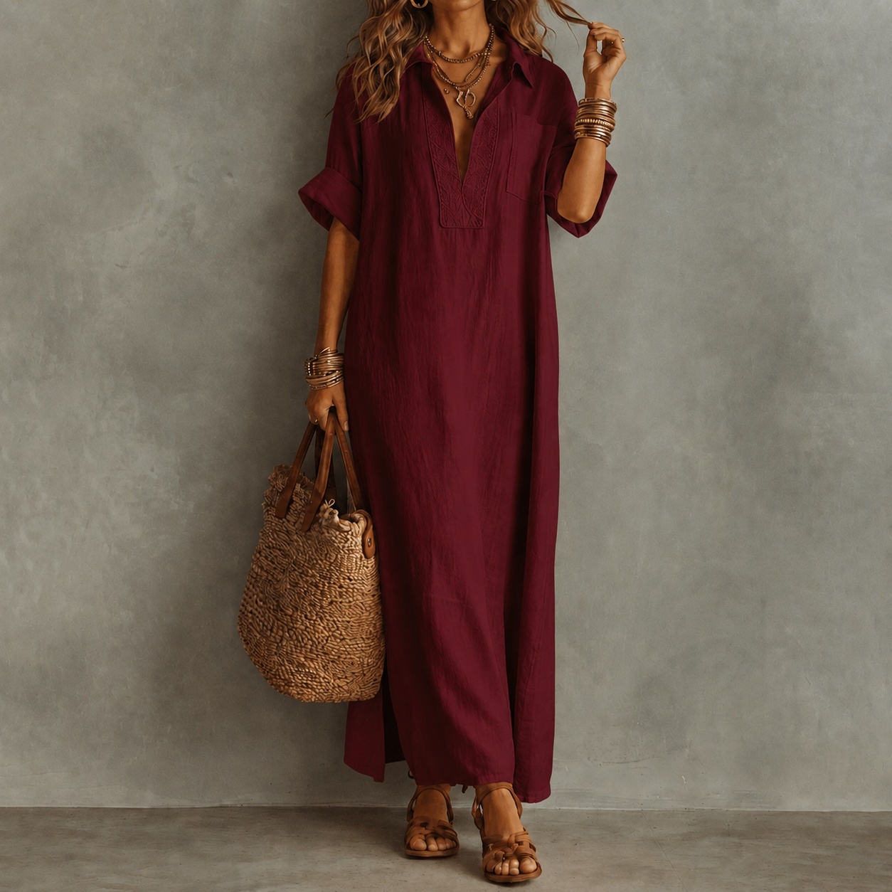 Retro Minimalist Style Loose Solid Color Short-sleeved Shirt Maxi Dress