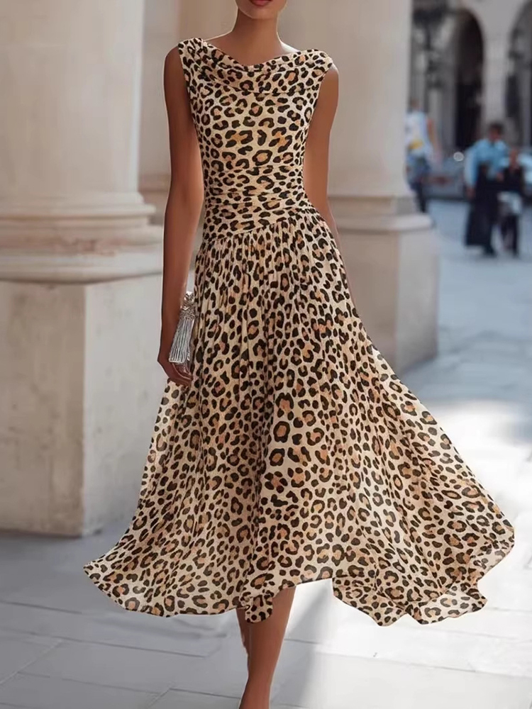 Retro French Sleeveless Pile Collar Waist Leopard Print Dress