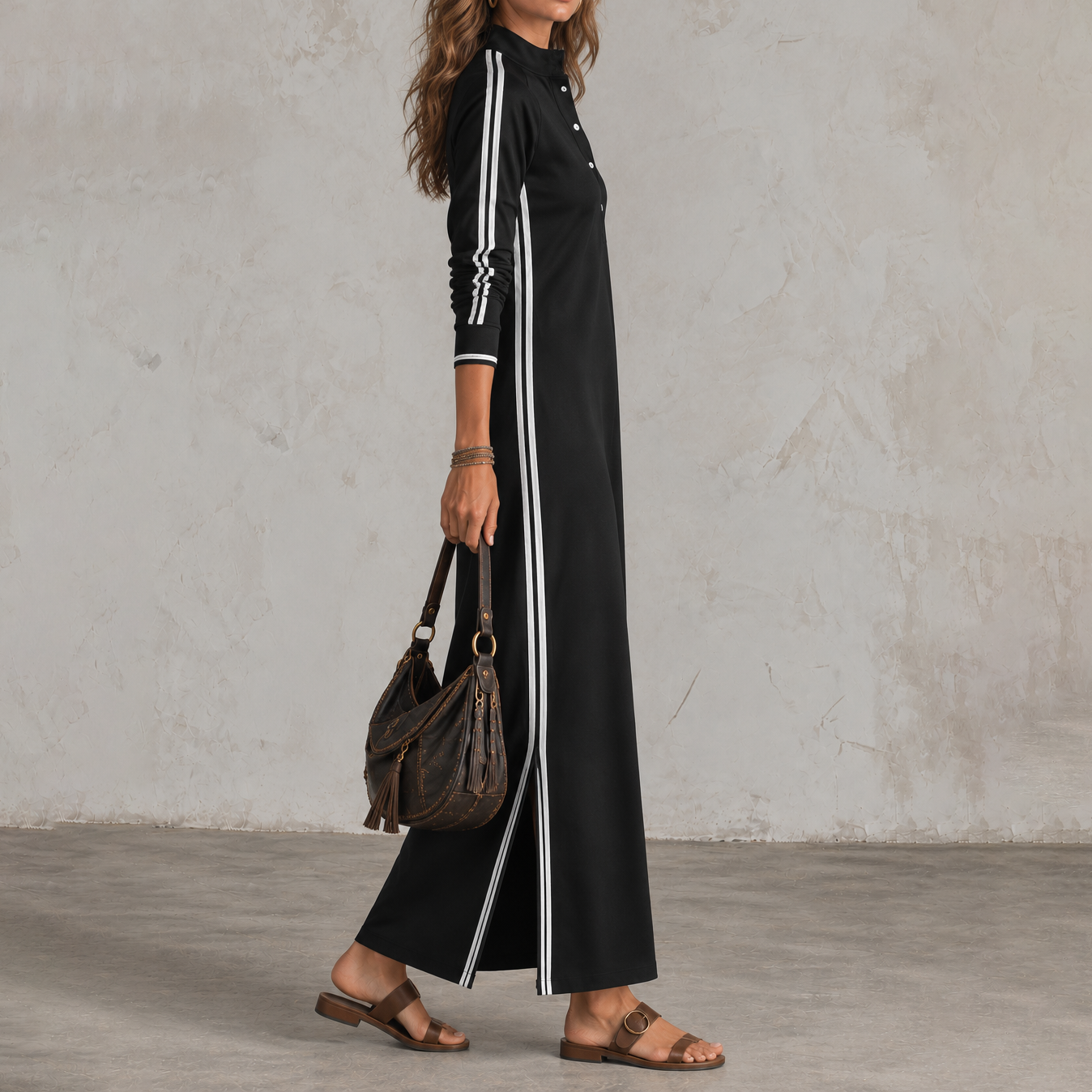 Elegant Minimalist Button-collar Long-sleeve Maxi Dress