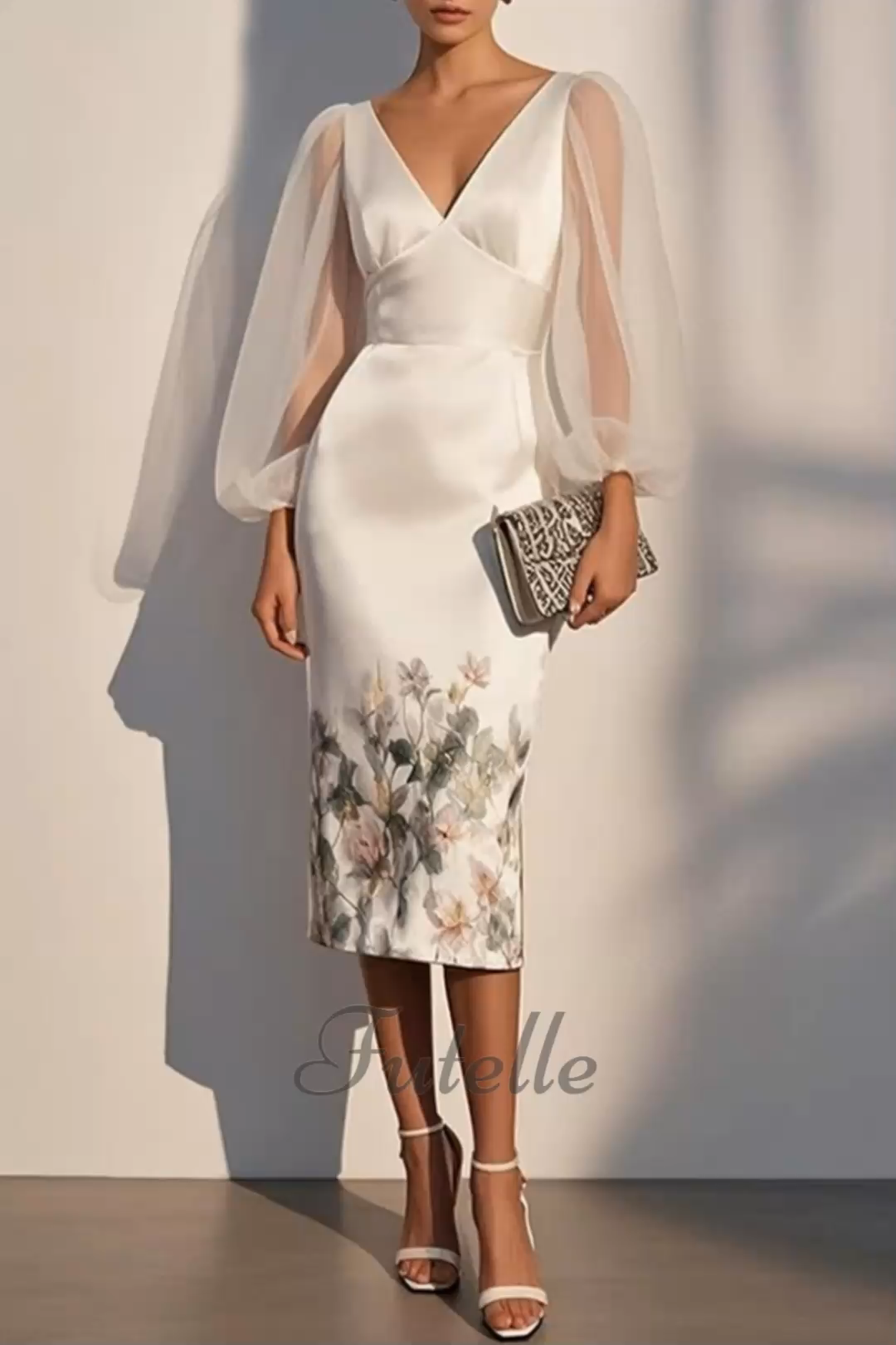 Women's Mesh Spliced ​​v-neck Digital Print Maxi Dress