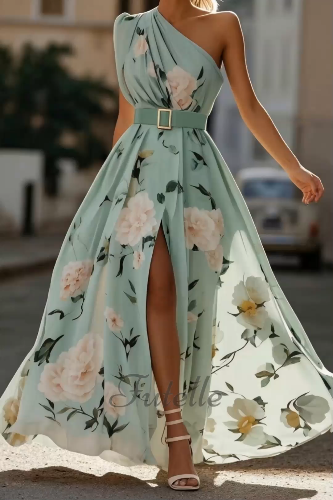 Elegant One Shoulder Slit Floral Chiffon Maxi Dress