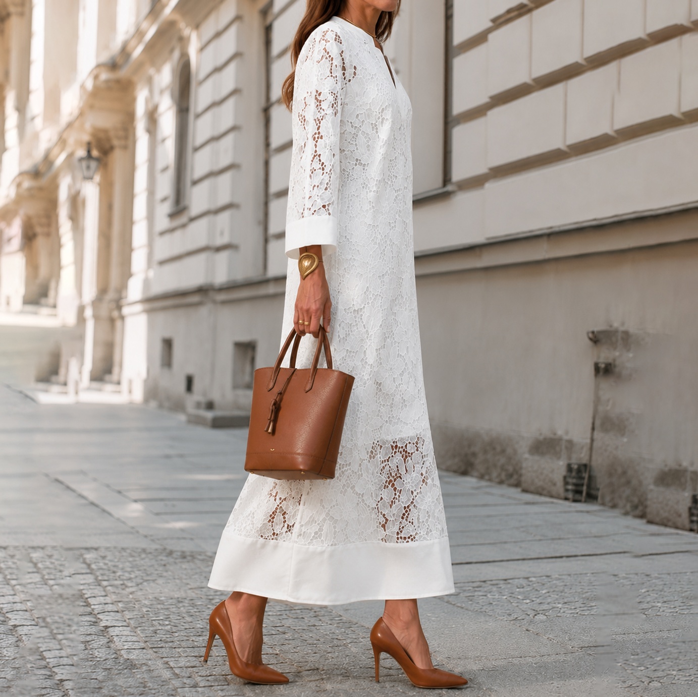 V-Neck 3/4 Sleeve Loose Lace Maxi Dress