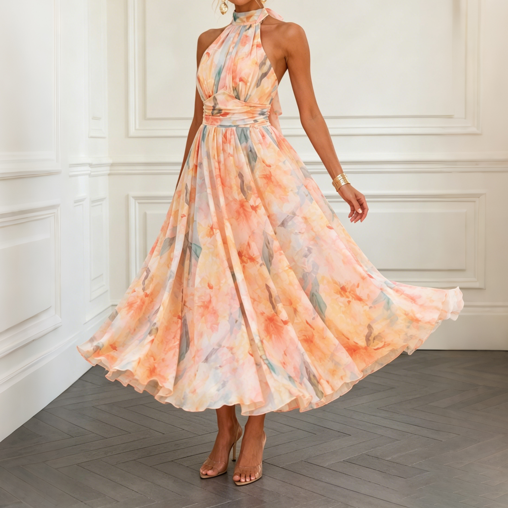 Elegant Colorful Printed Halter Neck Maxi Dress