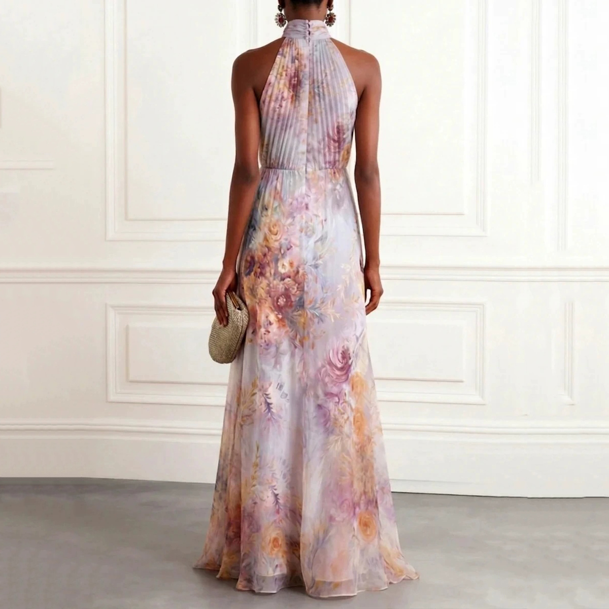 Elegant Halterneck Printed Sleeveless Dress