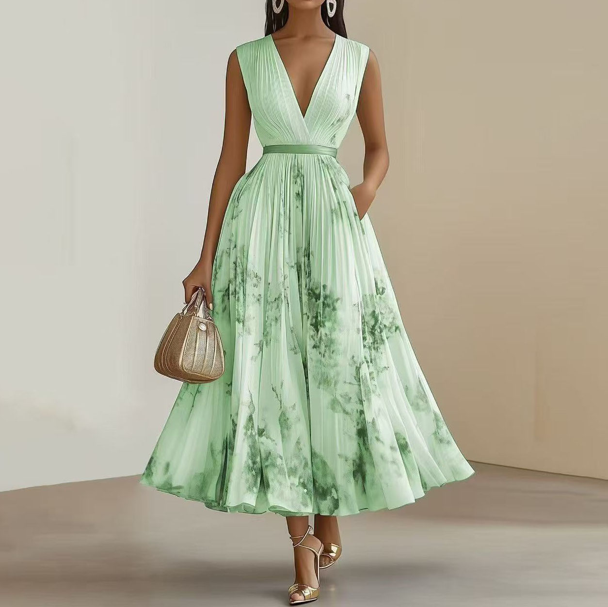 Women's Printed V-neck Sleeveless Fashion Pleated Dress