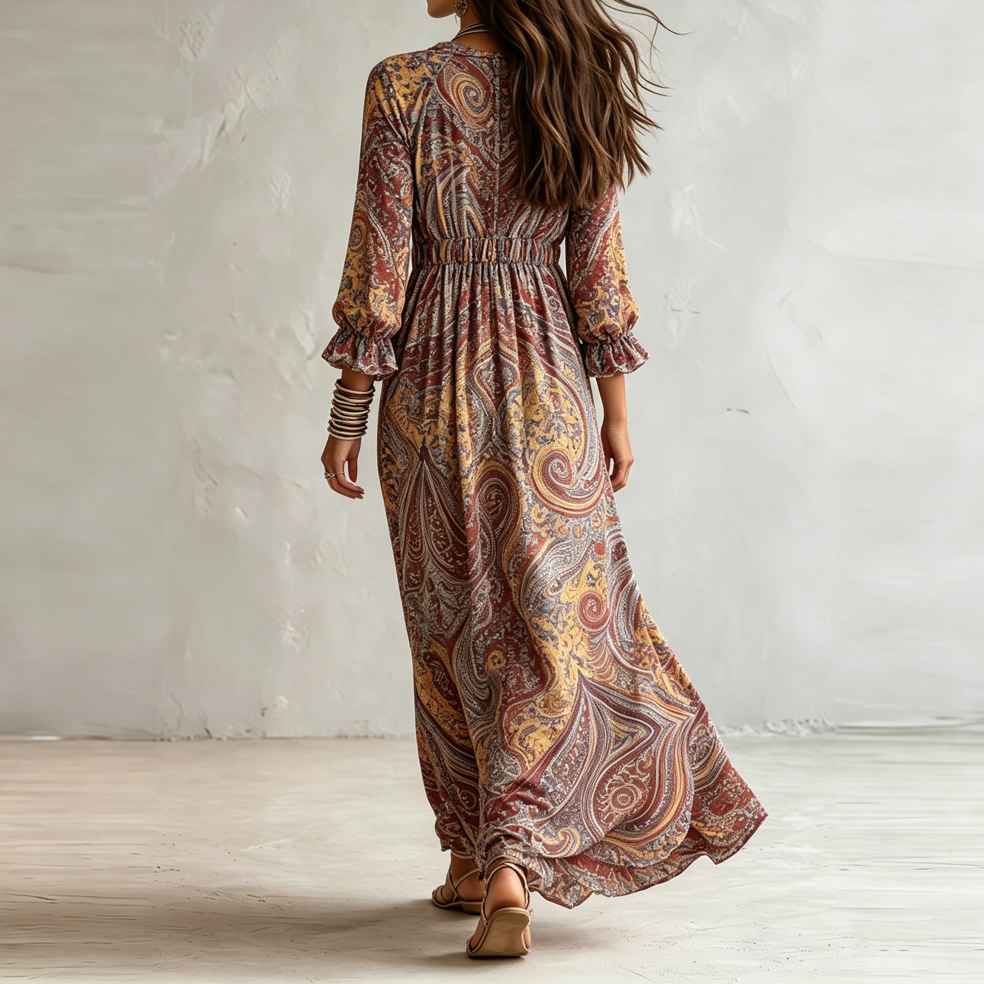Retro Colorful Printed V-neck Irregular Ruffles Maxi Dress
