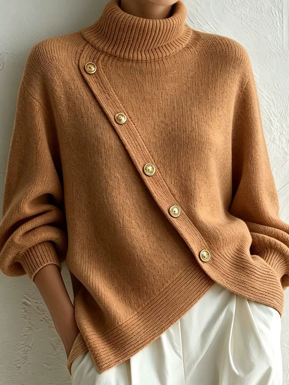 Women's Fall Winter Cozy Asymmetric-neck Ribbed Pullover Top