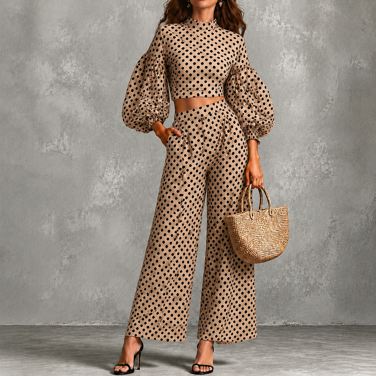 Polka Dot Lantern Sleeve Top And Wide-leg Pants Two-piece Set