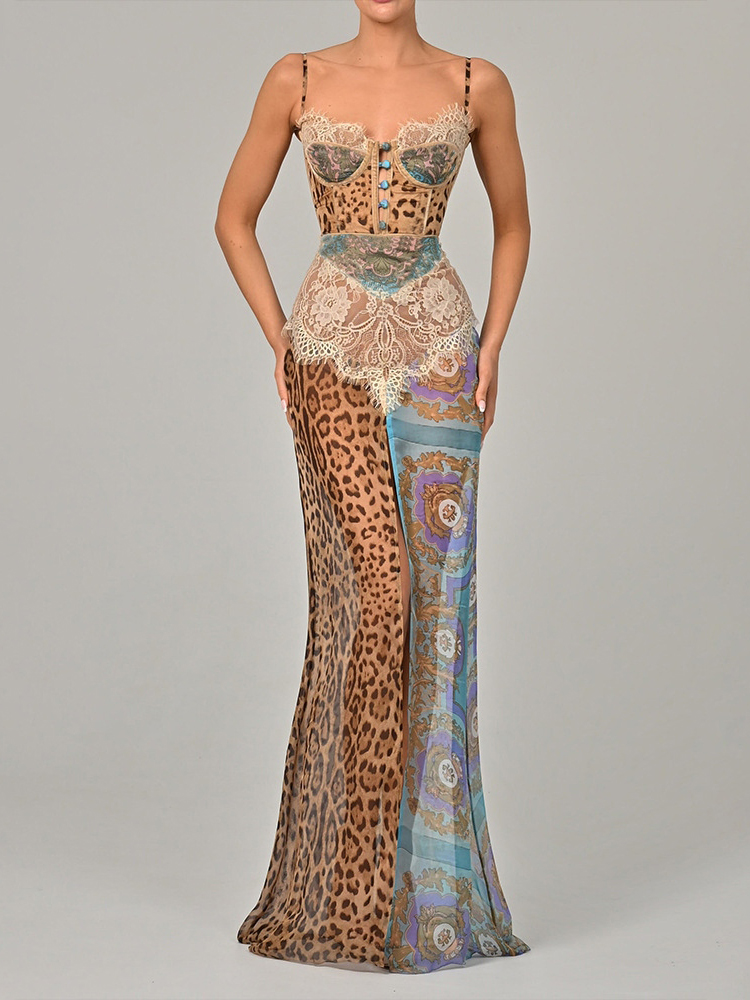 Women's Leopard Print Floral Print Patchwork Slit Dress