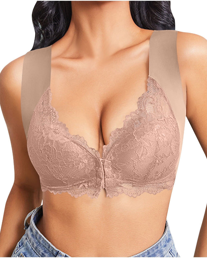 Women's Contrast Lace Hook & Eye Front Pushup Bra