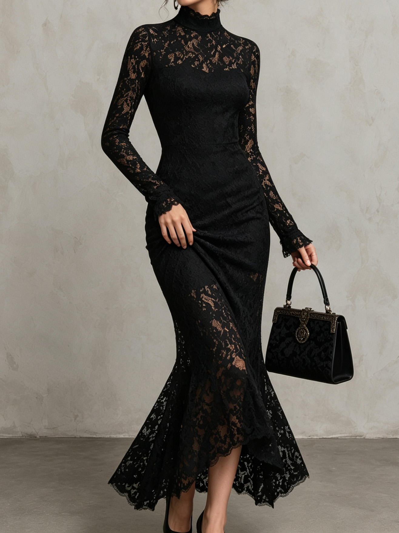 Elegant Elastic Lace Patchwork Fishtail Maxi Dress