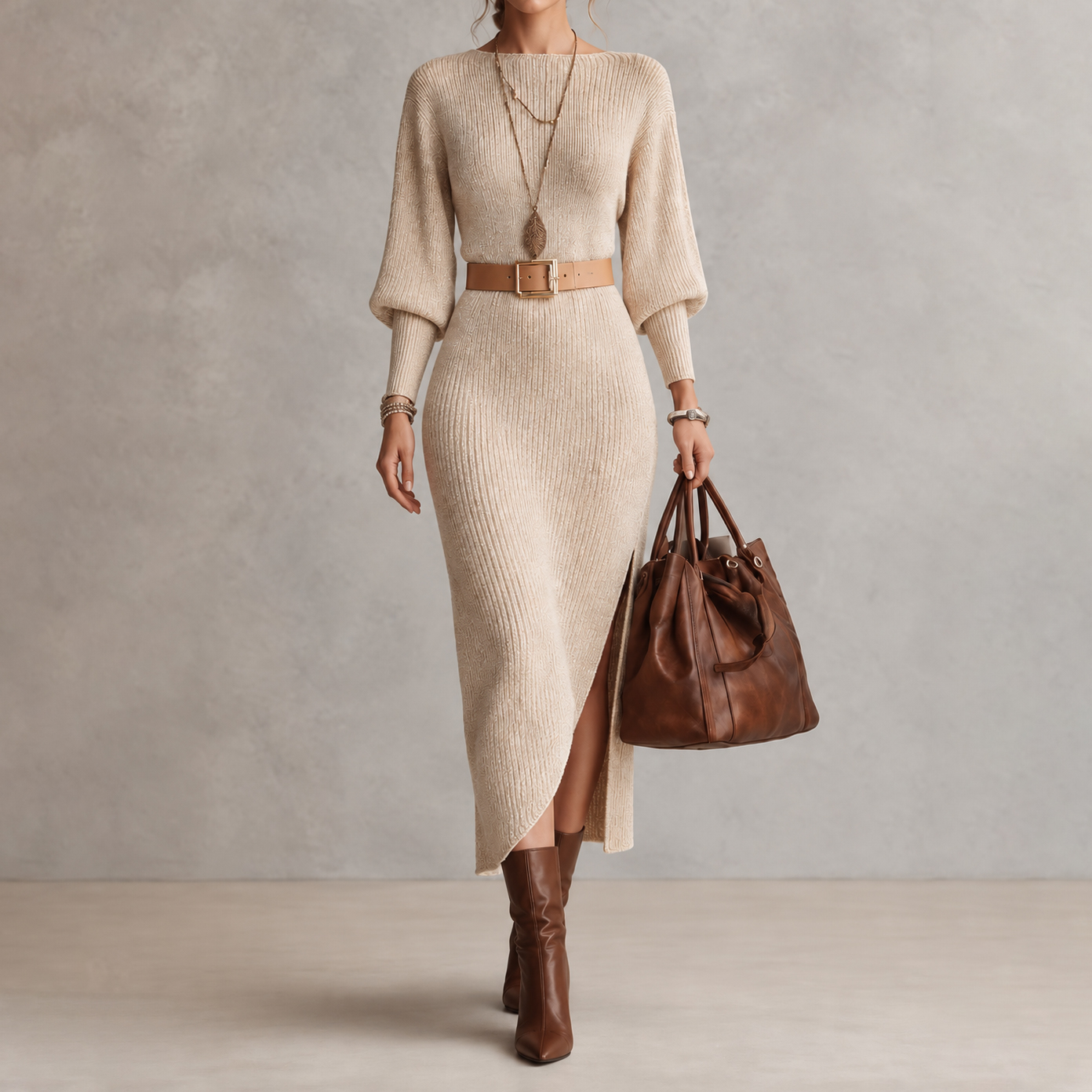 Elegant Boat-neck Long-sleeve Lantern-sleeve Knit Maxi Dress