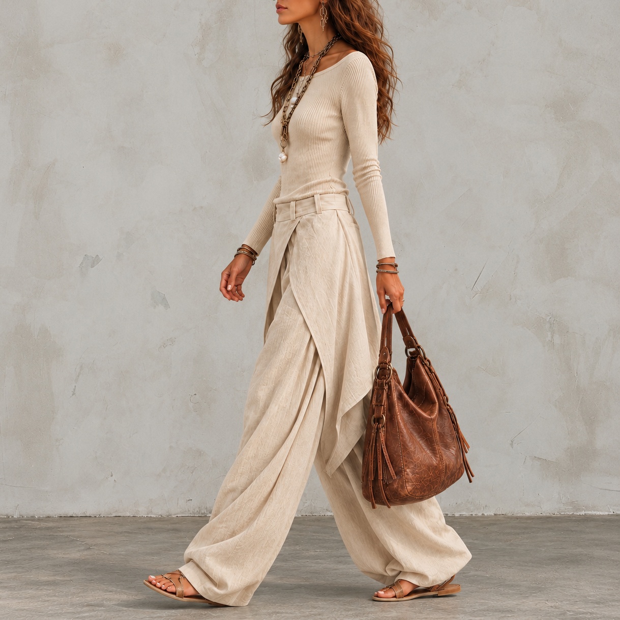 Off-shoulder Fitted Top And Asymmetric Wide-leg Trousers Two-piece Set