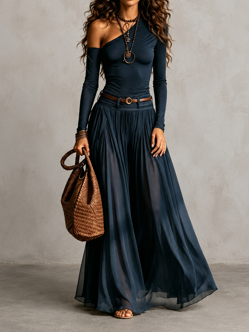  +1 Retro Solid Color Simple Off-shoulder Long-sleeved Dress
