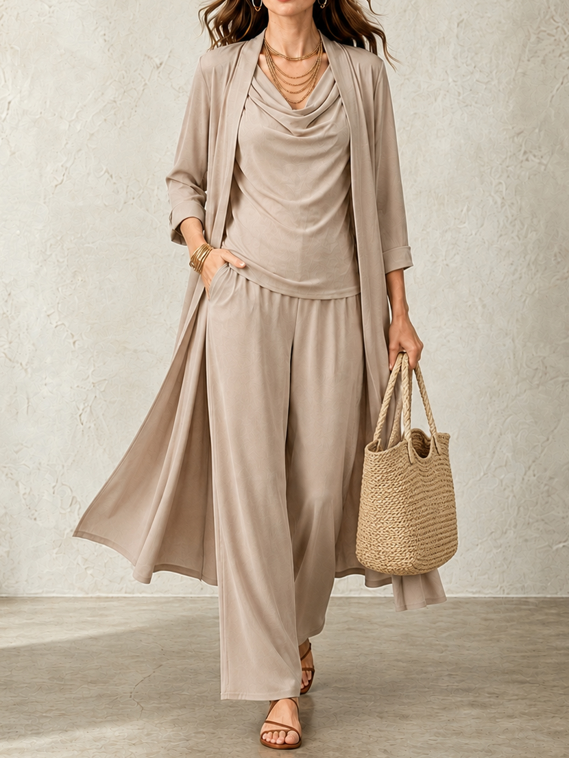 Elegant Three-piece Set: Three-quarter Sleeve Cardigan + Long-sleeved Top + Trousers