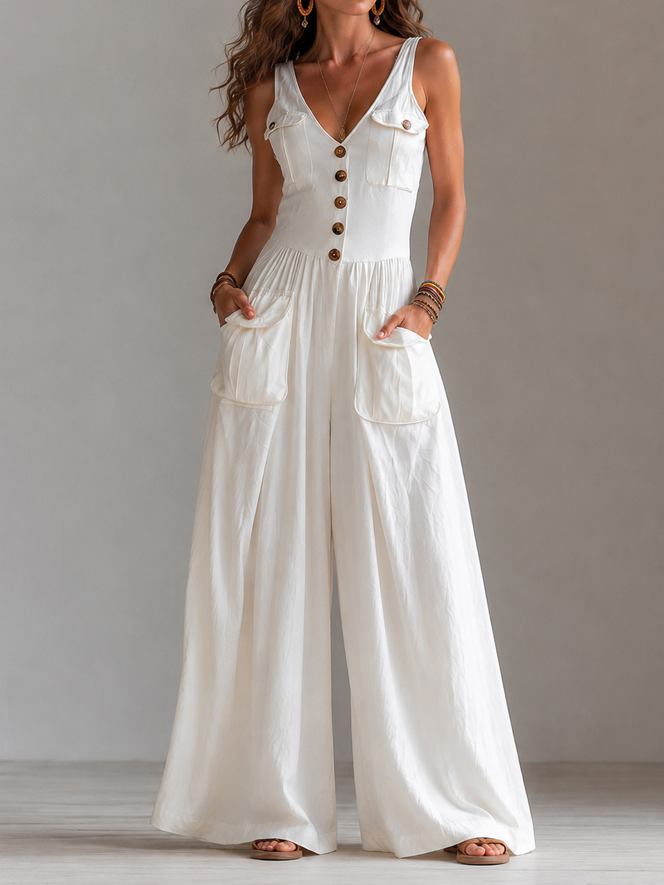 Retro V-neck Button-down Vest Jumpsuit