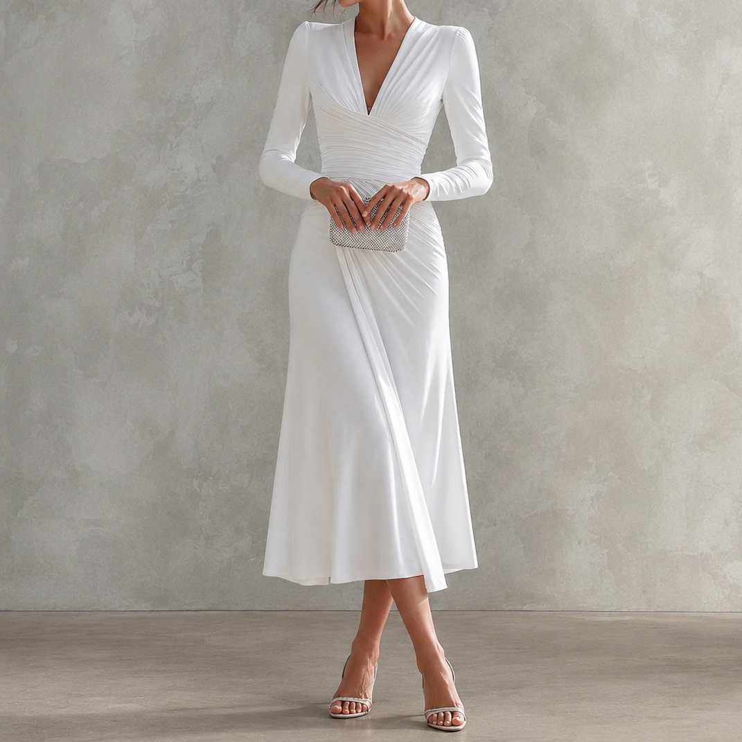 Elegant V-neck Pleated Irregular Long-sleeved Solid Color Maxi Dress