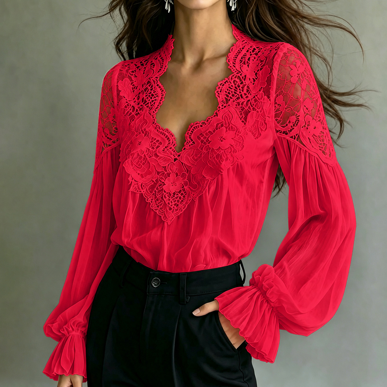 Elegant Lace-trimmed Long-sleeved Blouse