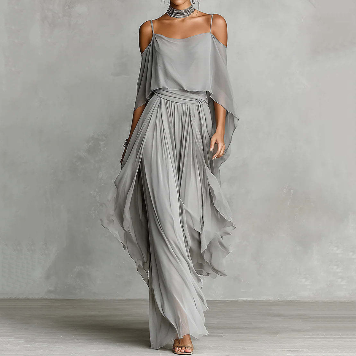 Chiffon Suspender Strapless Flowy Top And Asymmetrical Trousers Two-piece Set
