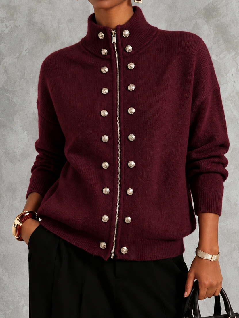 Stand Collar Double-breasted Zip-up Knit Cardigan