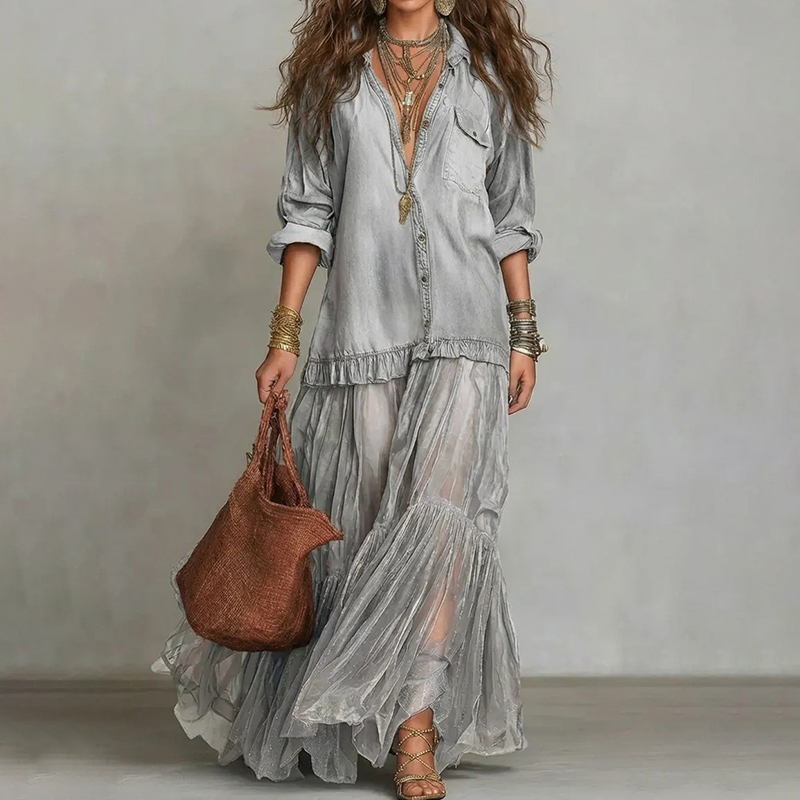 Retro Lapel Denim Splicing Mesh Casual Pocket Dress