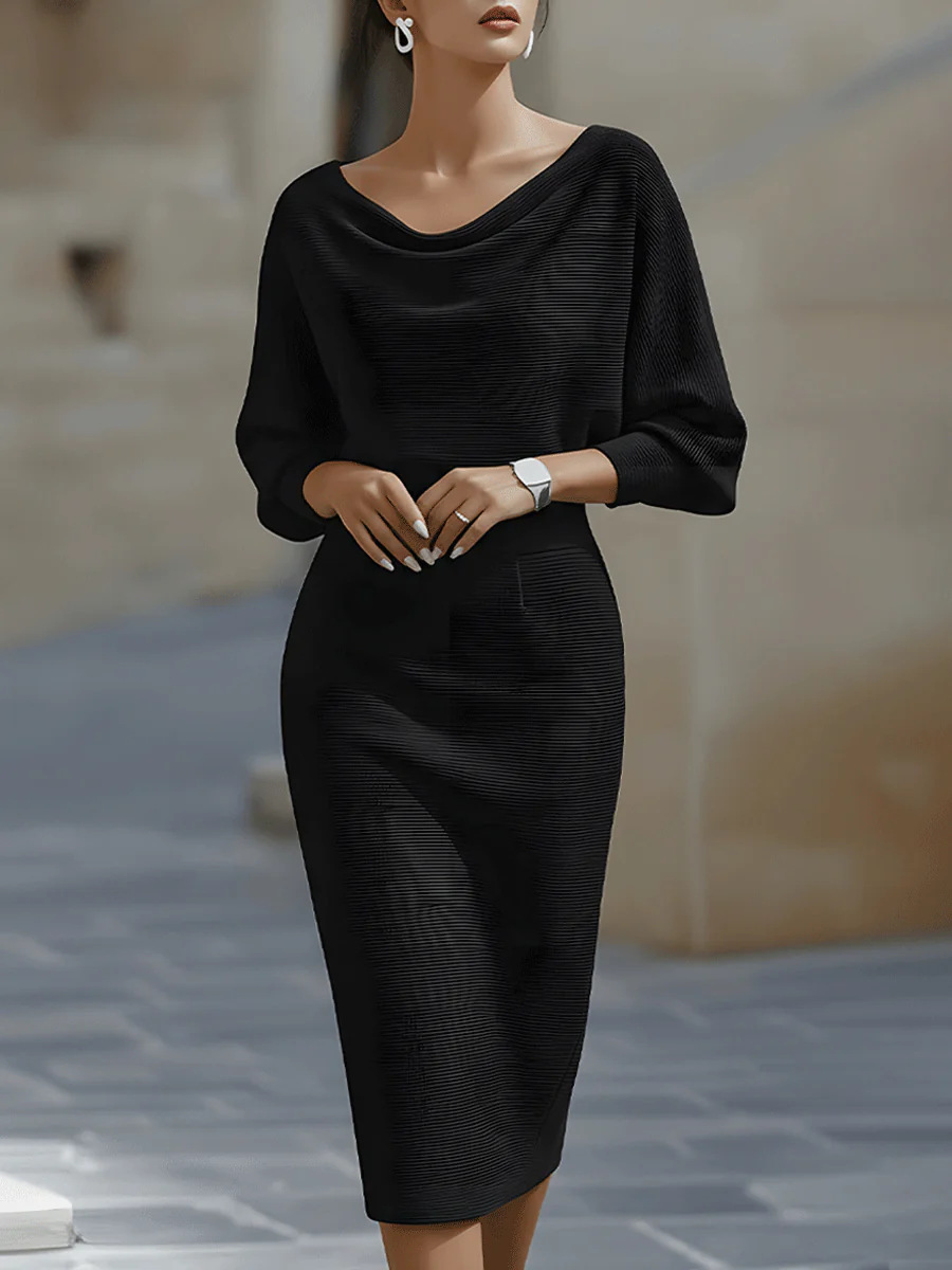 Elegant Temperament Fashionable Bat Sleeve Pure Color Waist-cinching Dress